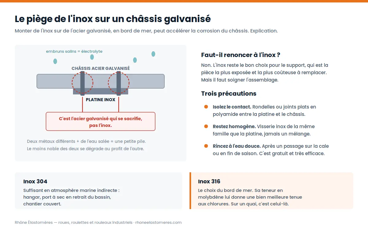 Corrosion galvanique entre une platine inox et un châssis en acier galvanisé en milieu marin