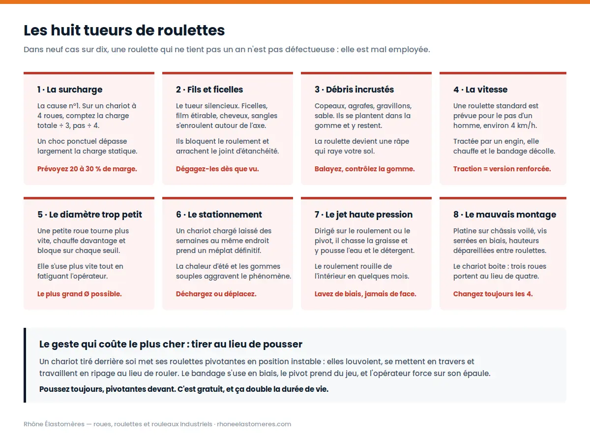 Les huit causes d'usure prématurée d'une roulette industrielle : surcharge, fils enroulés, débris, vitesse, diamètre, stationnement, lavage, montage