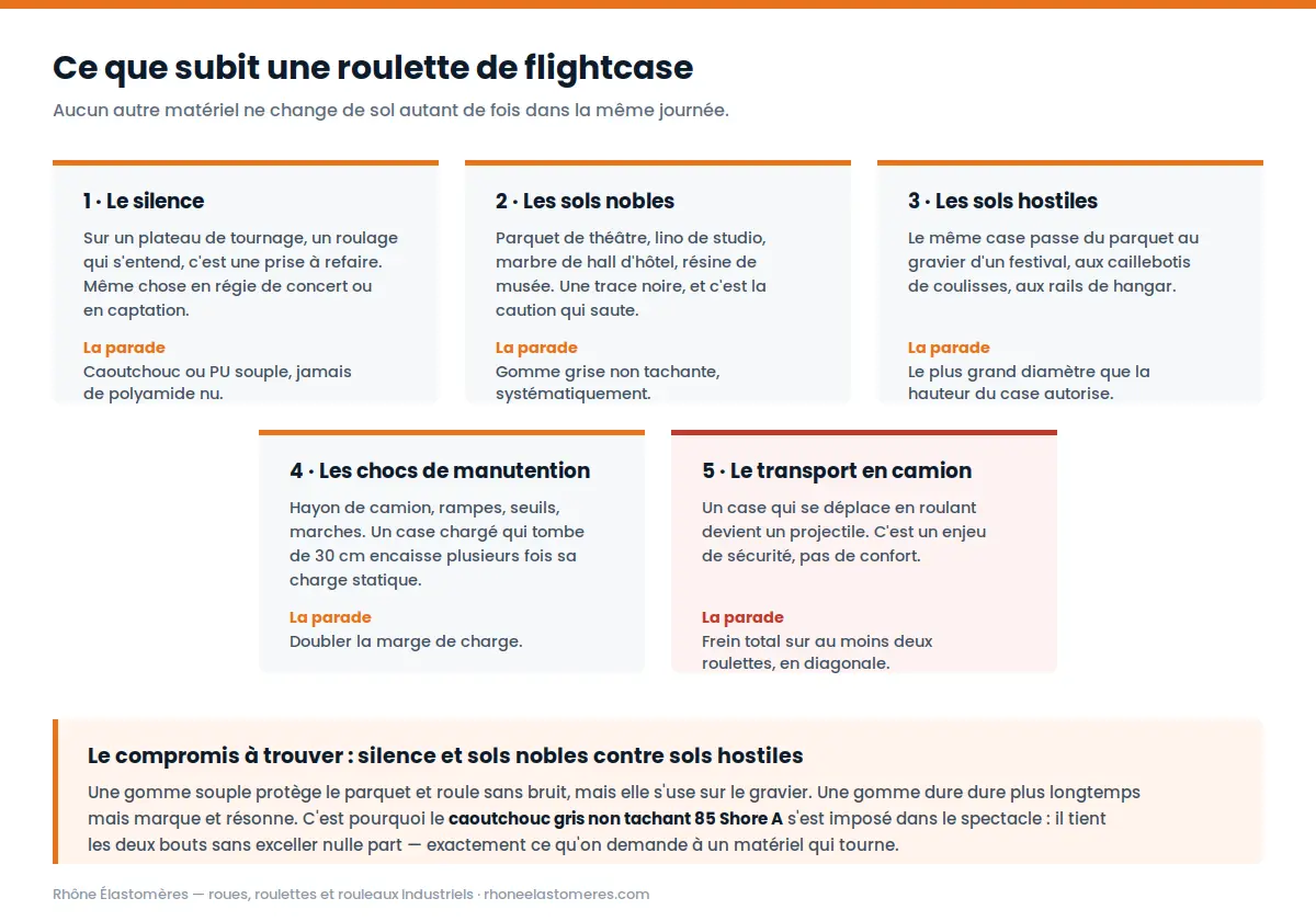 Les cinq contraintes d'une roulette de flightcase : silence, sols nobles, sols hostiles, chocs de manutention et transport