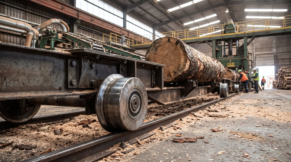 Roues acier à gorge d'un chariot porte-grume roulant sur rail dans une scierie