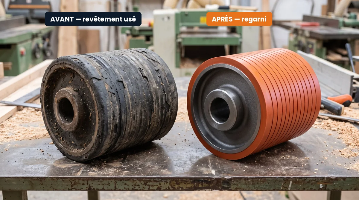 Rouleau d'amenage de raboteuse avant et après regarnissage : revêtement usé et revêtement polyuréthane neuf